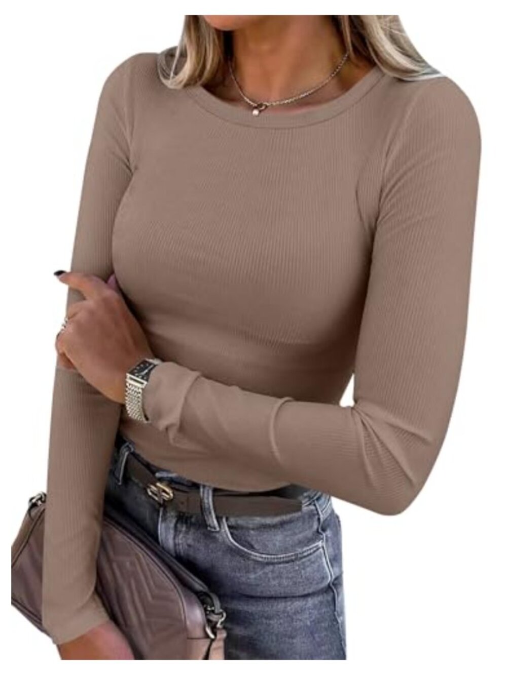 Women's Long Sleeve Ribbed Fitted T-Shirt Slim Fit Crewneck Top